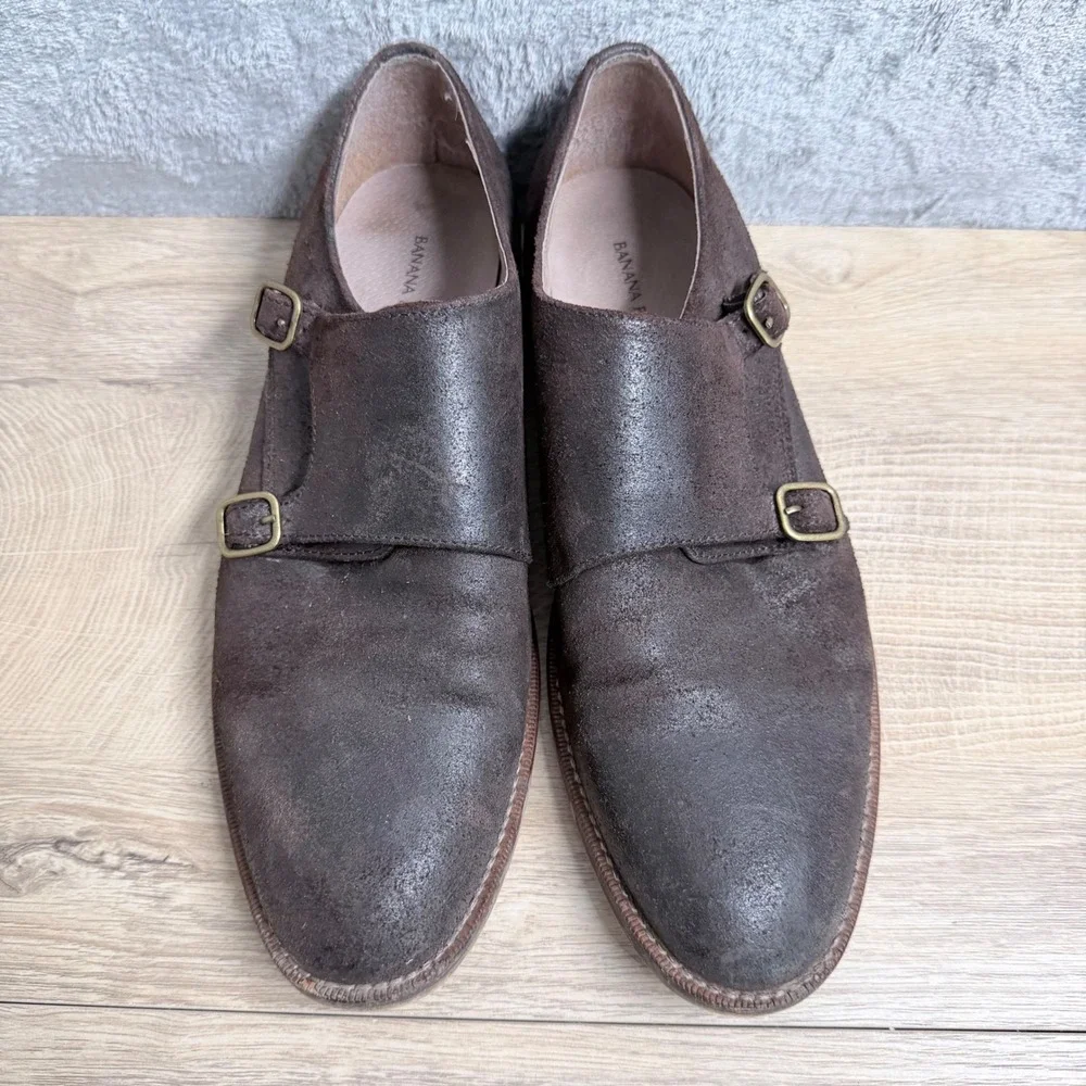 Banana Republic Monk Strap Shoes Mens 8.5‎ Brown Distressed Suede Double Buckle